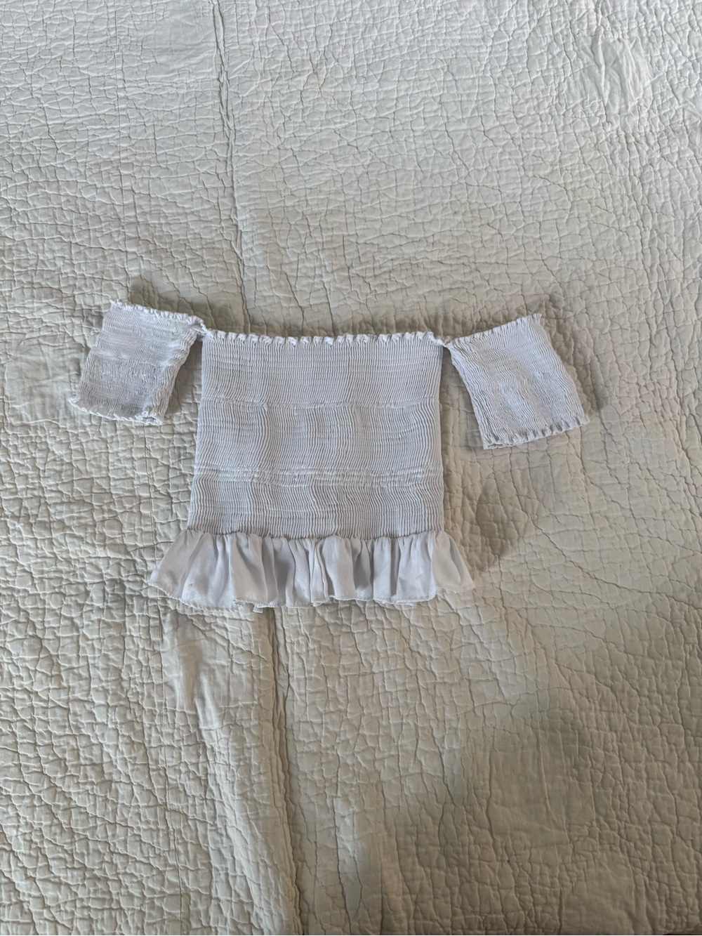 Peixoto White Off-Shoulder Smocked Crop Top with Ruffle Hem